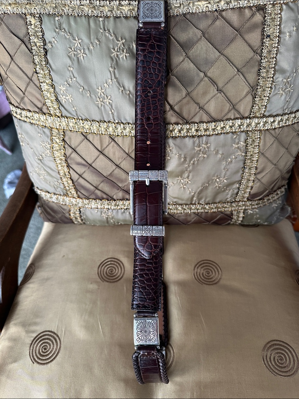 Beautiful Brighton Leather & Silver Belt Size 36 with Tooling in Silver Spacers